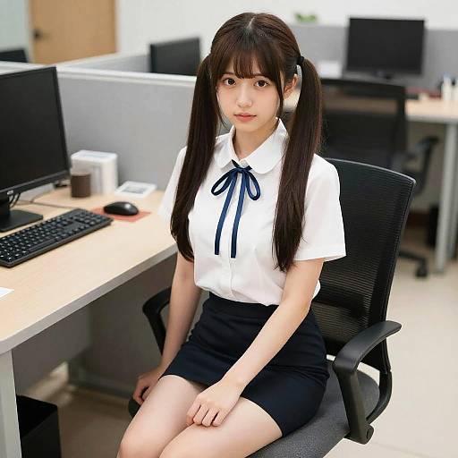 Photograph of an Asian woman with long black pigtails, wearing a white blouse with a black ribbon and black skirt, sitting in an office chair
