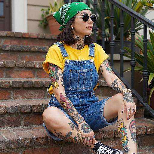 Tattooed Woman Sitting on Brick Steps