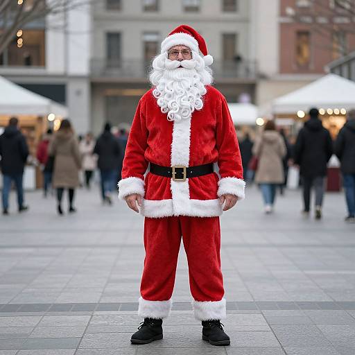 Photograph of a Santa Claus with a white beard, red suit, and black boots, standing in a busy, blurred urban square at night.