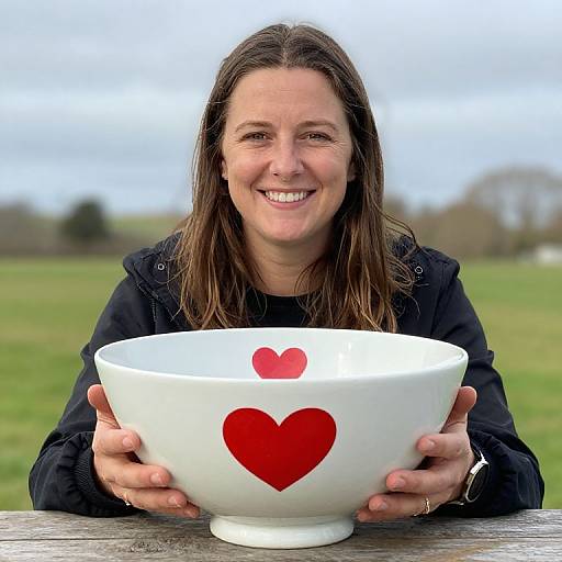 Smiling Woman Holding Large Heart Bowl