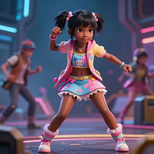 CGI image of a young Black girl with pigtails, wearing a colorful, anime-style outfit, fighting pose on a neon-lit stage.