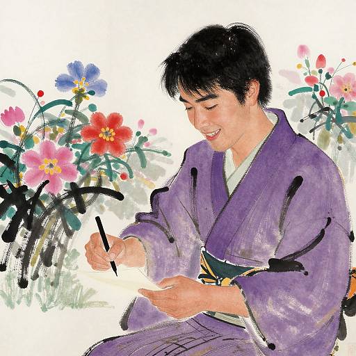 Digital painting of a smiling Asian man in a purple kimono, sitting amidst colorful floral background, delicately holding and examining an object.