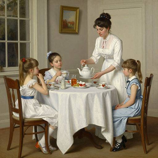 Photograph of a Victorian-style scene: a dark-haired woman in white dress pours tea for three young girls in white and blue dresses, seated around a