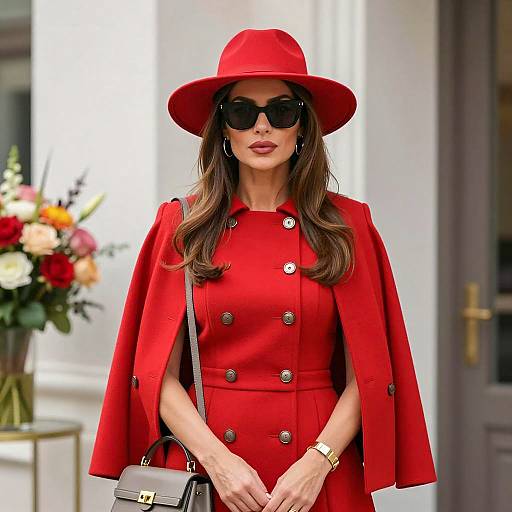 Elegant Woman in Red Coat and Hat