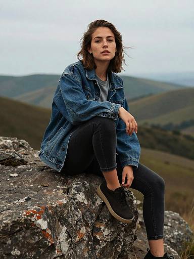 Moody Denim Portrait on Rugged Rock