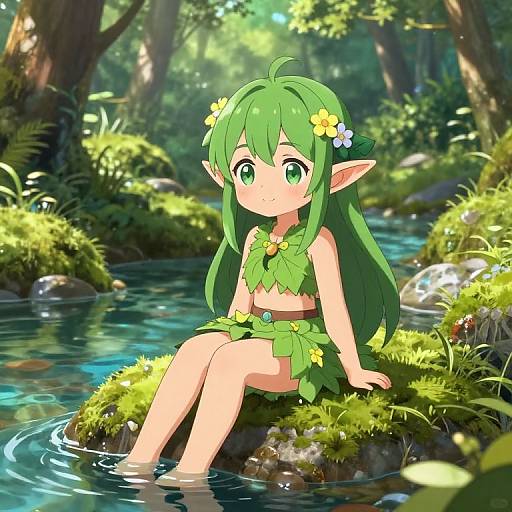 Anime-style drawing of a green-haired, elf-like girl with large eyes, wearing a leaf skirt and flower crown, sitting by a sunlit forest stream