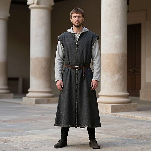 Photograph of a bearded man in medieval attire: long dark vest over white shirt, brown belt, black boots, standing in stone-columned courtyard