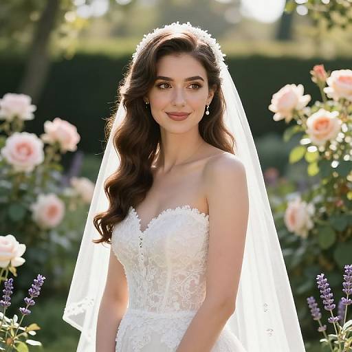 Photograph of a beautiful, brunette bride with long wavy hair, wearing a white lace strapless wedding dress and veil, standing in a sunlit