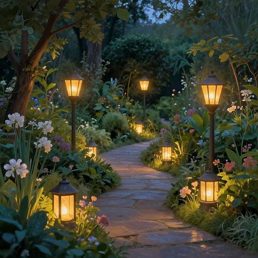 Enchanted Garden Path with Treelike Lamps