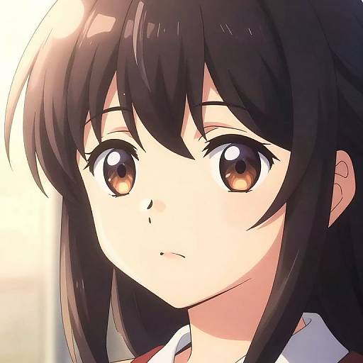 Anime-style digital drawing of a young girl with large, brown, shiny eyes and long, dark brown hair, looking slightly upward with a neutral expression.