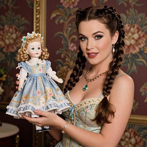 Photograph of a brunette woman with braided hair, wearing a floral-patterned, low-cut dress, holding a vintage porcelain doll with a blue dress