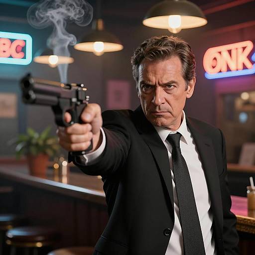 Man in Black Suit with Smoking Gun