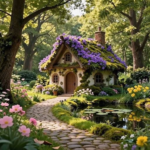 Whimsical fairy tale cottage with moss-covered roof, purple flowers, and wooden door, surrounded by a vibrant garden and reflecting pond. Sunlight filters