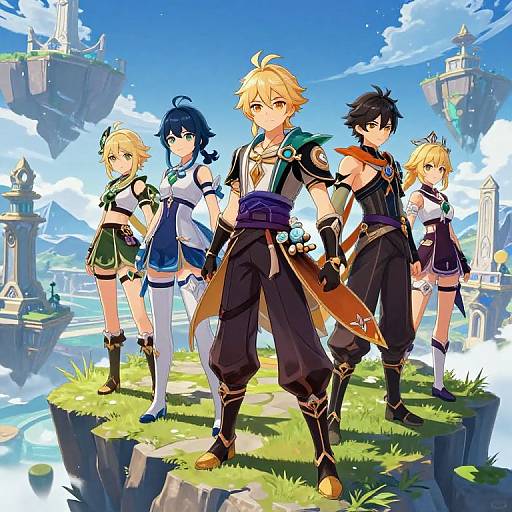 Digital anime-style artwork of five adventurers standing on a grassy cliff, with floating islands and blue sky in the background.