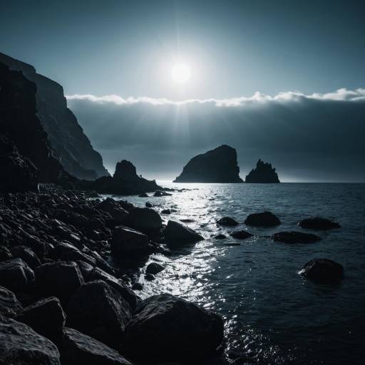 Sunlit Rocky Ocean Coast with Dramatic Lighting