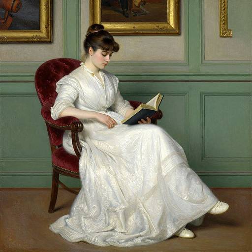 Victorian-era painting of a fair-skinned woman with dark hair, wearing a white, textured gown, reading a book in an elegant green-paneled