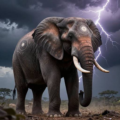 Photograph of a large, majestic African elephant with glowing white eyes, standing in a stormy savanna, lightning illuminating its dark, textured skin