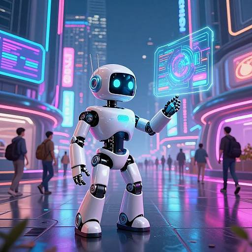 Neon-lit cyber city scene featuring a white, glowing-blue-eyed robot holding a holographic interface, surrounded by blurred pedestrians and vibrant neon signs.