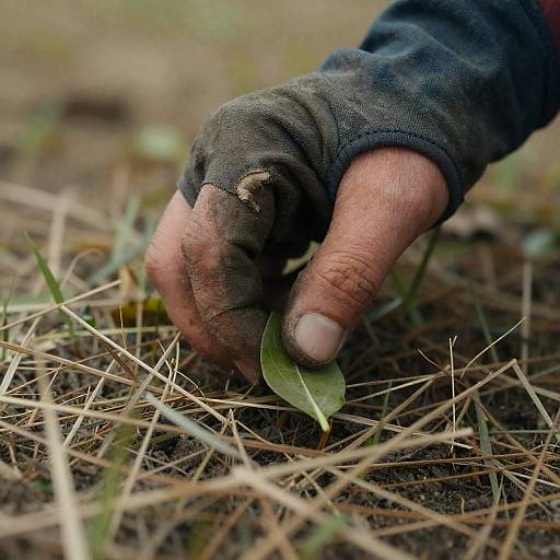 Close-Up of a Weathered Hand Picking Leaf