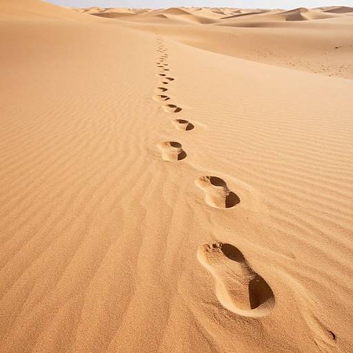 Photograph of sunlit, orange sand dunes with a single line of footprints stretching from the bottom right to the top left, creating a path