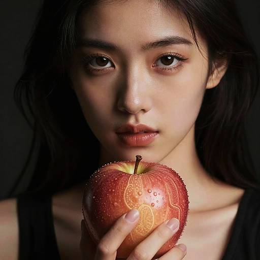 Photograph of an East Asian woman with long black hair, holding a red, water-droplet-covered apple, gazing intently at the camera
