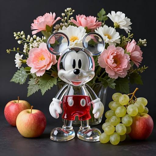 Photograph of a transparent Mickey Mouse figurine with red shorts, surrounded by pink and white flowers, apples, and green grapes.