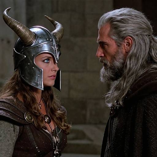 Photograph of a medieval scene: a woman with silver horned helmet and brown wavy hair faces an older, bearded man with gray hair in