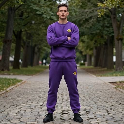 Photograph of a serious, young Caucasian man with short dark hair, wearing purple athletic tracksuit with yellow logo, standing on cobblestone path in