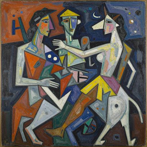 Abstract, cubist-style painting of three geometric, human-like figures with animal traits, dancing in a vibrant, dark background with bold colors.
