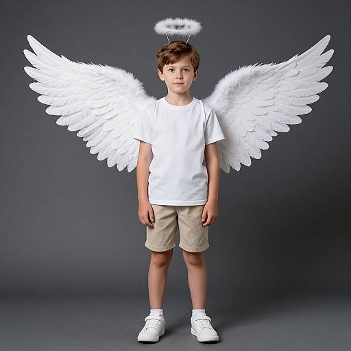 Photograph of a young boy with brown hair, white wings, halo, white t-shirt, beige shorts, and white sneakers, standing against a dark