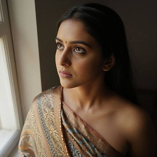 Photograph of a beautiful South Asian woman with long black hair, brown eyes, and a patterned sari, gazing out a window. Soft