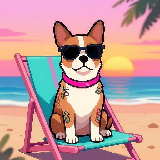 Digital cartoon of a corgi with brown and white fur, black sunglasses, pink collar, sitting on a blue beach chair, against a vibrant sunset