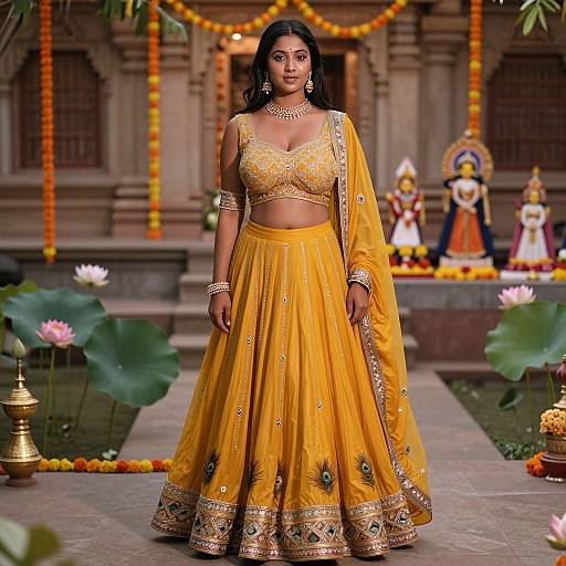 Photograph of an Indian woman in a yellow, gold-embellished traditional lehenga-choli, standing in a temple courtyard adorned with marig