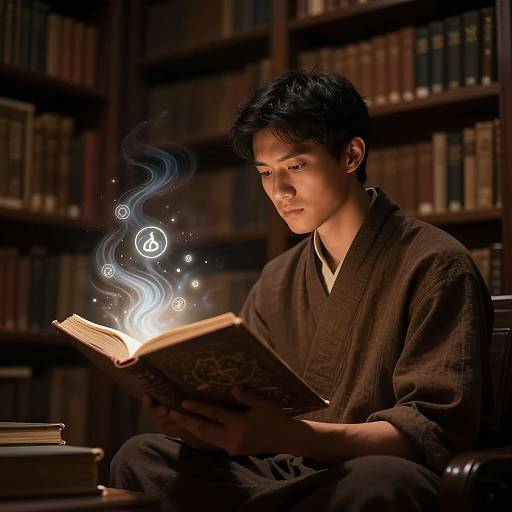 Photograph of an Asian man with black hair, wearing a brown robe, reading a glowing book emitting magical symbols in a dimly lit library.