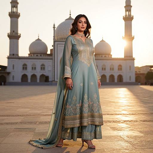 Photograph of a South Asian woman in a blue, intricately embroidered traditional salwar kameez, standing in front of a sunlit, dom