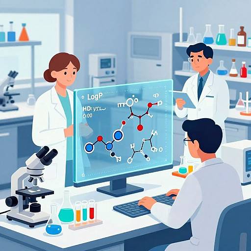 Digital illustration of three scientists in white lab coats discussing molecular structure on a computer in a brightly lit laboratory.