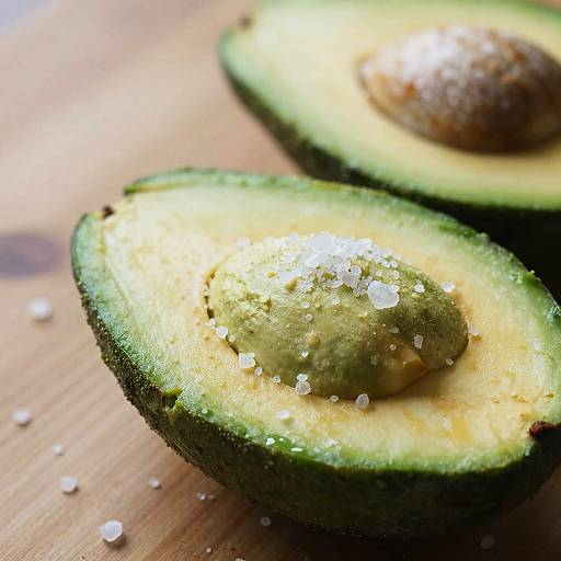 Photograph of a fresh, sliced ripe avocado on a wooden surface, with a large, textured brown seed in the center, sprinkled with sea salt