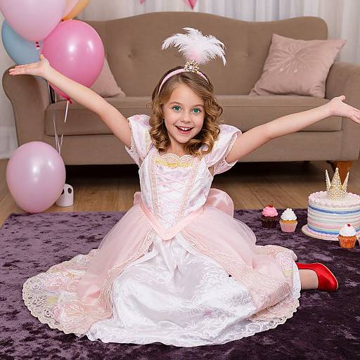 Photograph of a smiling young girl in a white lace princess dress with a feathered headband, kneeling on a purple carpet, arms outstretched