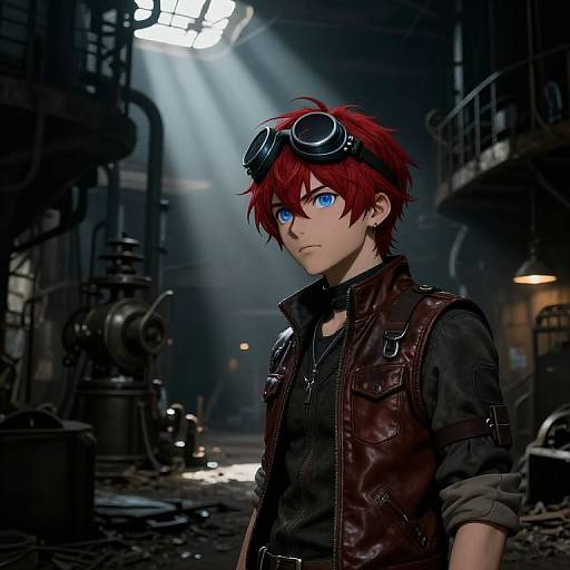 Digital art of a red-haired, blue-eyed young man with goggles, wearing a leather vest, in a dim, industrial, dystopian factory.