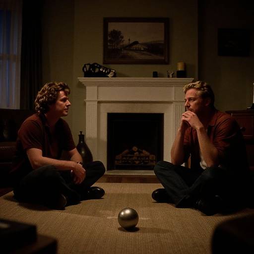 Photograph of two men sitting cross-legged on a carpeted floor, facing each other in a dimly lit living room, with a small metallic sphere