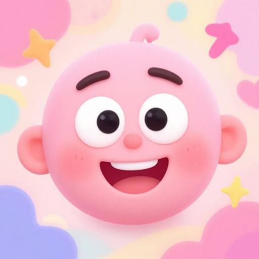Digital illustration of a cute, pink, round-faced cartoon character with large, expressive eyes, brown eyebrows, and a happy, open-mouth smile. Background