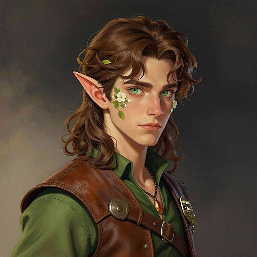 Digital painting of a young, green-eyed elven male with long brown hair, pointed ears, and green leaf markings on his cheek, wearing a brown