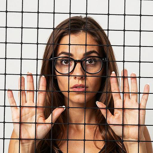 Photograph of a woman with long brown hair, wearing black glasses, pressing hands against a black grid wire fence, white background.