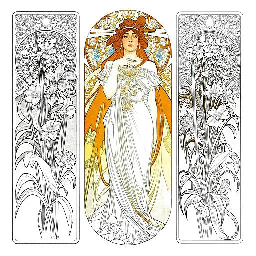 Art Nouveau-style digital illustration of a red-haired woman in a flowing white dress, surrounded by floral panels, with vibrant orange accents.