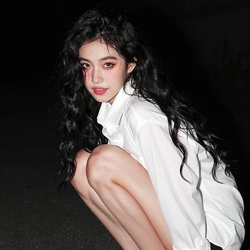 Portrait of Young Woman in White Shirt at Night