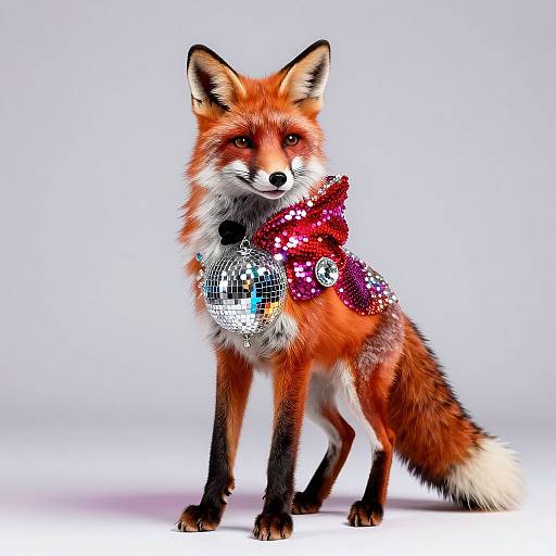 Photograph of a red fox wearing a festive red sequined scarf with silver and purple reflective squares, standing against a white background.