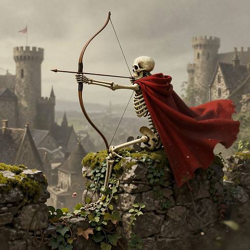 Photograph-style digital art: Skeleton archer in red cloak, drawing bow on mossy stone battlement, medieval castle towers in misty background.
