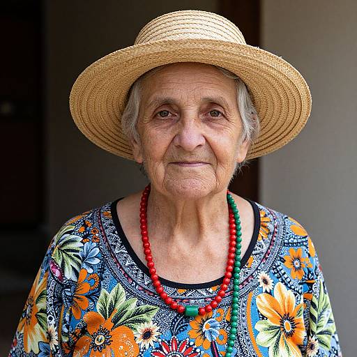 Photograph of an elderly woman with white hair, wearing a straw hat, colorful floral blouse, and red and green bead necklace, smiling gently.