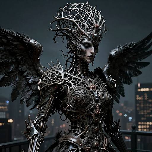 Cyberpunk angel with intricate metallic armor, black feathered wings, and a glowing, web-like crown, standing against a dark cityscape at night