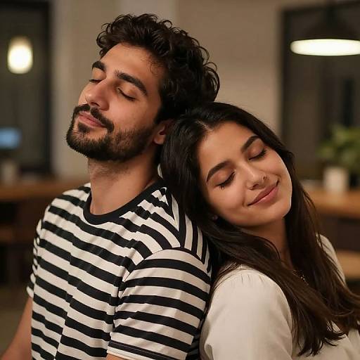 Photograph of a young couple with closed eyes, smiling; man with curly hair, beard, black-and-white striped shirt, woman with long dark hair